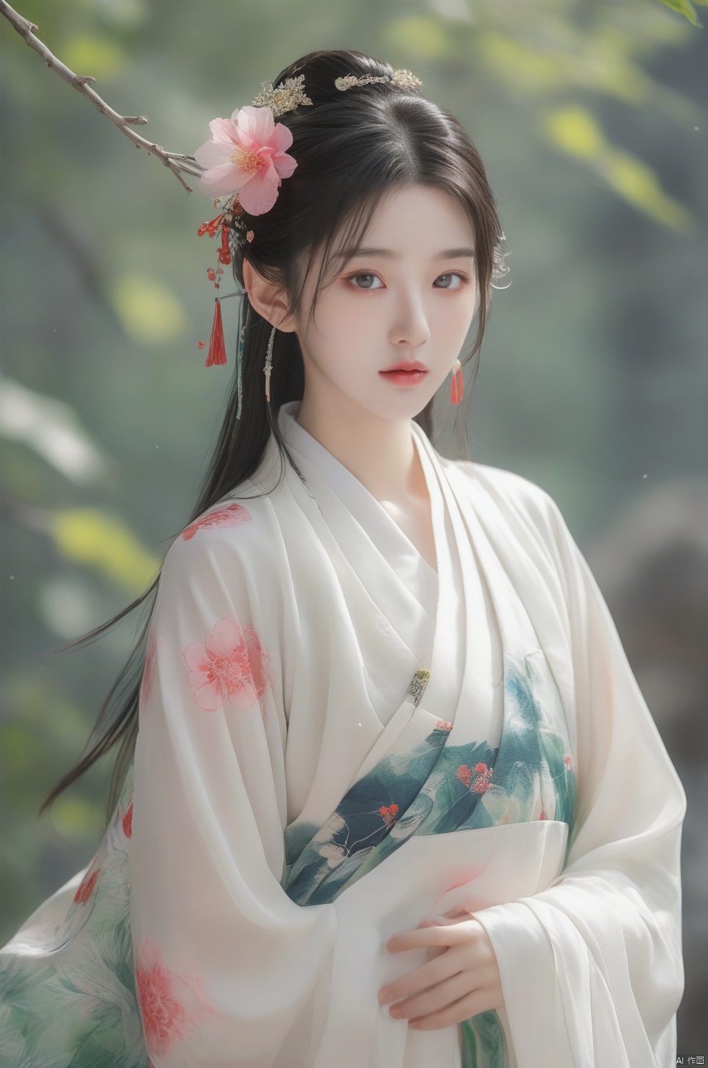  arien_hanfu,1girl, solo, flower, long hair, black hair, hair ornament, (big breasts:1.69),hair flower, blue|green eyes, floral print, chinese clothes, looking at viewer, detached sleeves, upper body, white flower, parted lips, dress, pink flower, china dress, bare shoulders, blush, red flower, eyelashes, white dress, lips, sleeveless, parted bangs, grey background, gongzhuqie, neon_dress,huansha, glowing,lens flare,big leaf,plant, wind, chang,(big breasts:1.79), light master, MAJICMIX STYLE