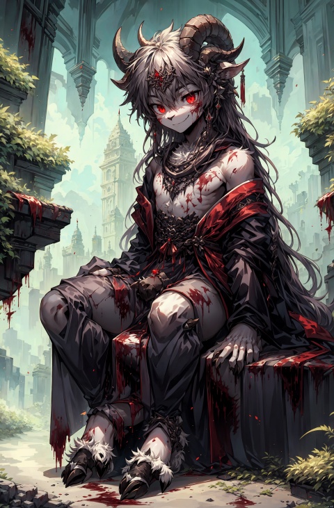  anime,8K,boy,juvenile,Seventeen,blood hair,red eye,blood Modern robe,shirt,In the blood city,Front hair shawl,(long hair), subtle smile,Leaf hair clip,long hair on both temples，Sitting on a stone block,Identity is a sage,red leaf cape,Wave arm forward with palm,((poakl)),bare feet,Bare shoulders,(The lower limbs are black Goat hooves 1.5)