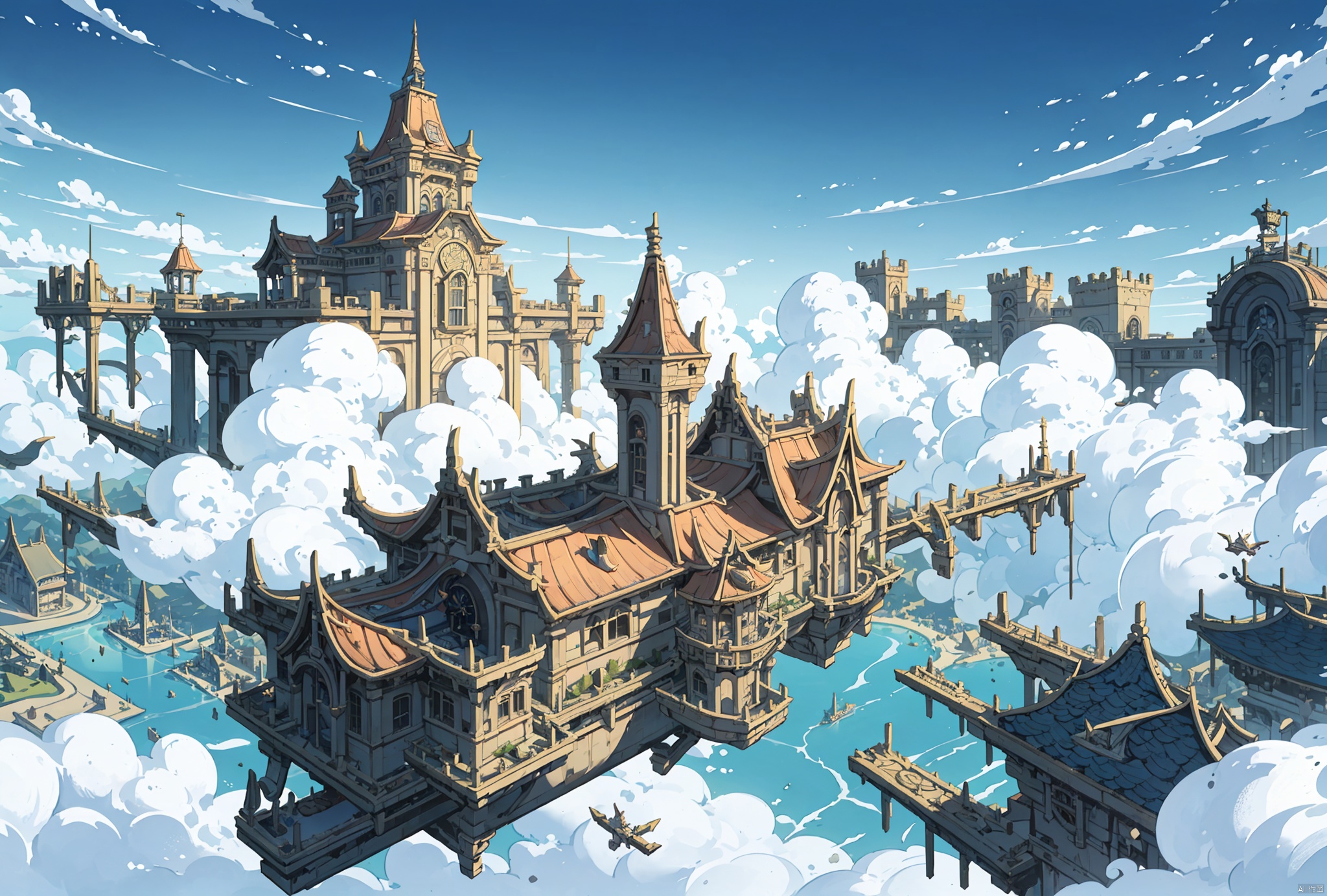  big SkyCity,
(above the clouds:1.2),Magic,steampunk,Floating platform,(top-down view:1.2),(Looking down from mid air:1.25),Integrated building,Steam power,mechanical,Castle in the Sky,(Airship),(Floating steam airship airport)