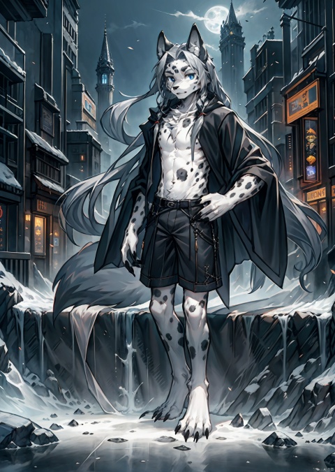  anime,8K,(only one little boy:1.25),Pointed nails,juvenile,(ten years old:1.2)(silver long hair:1.25),bare foot,blue ice eyes,((poakl)),Wolf ears on the head,Black nails,The lower limbs are wolf legs,hands are wolf claws,background is a dark city in the distance,([all dark grey fur:Black spots 1:0.2]:1.2)
