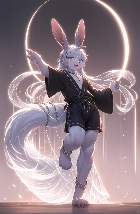  only one boy,(little boy:1.2),rabbit,furry,from head to foot,silver long hair,nake upper body,Foot chain decoration,ice blue eyes,open mouth,([pink fur skin:silver fur skin stripe: 1:0.8]:1.2),Long hair and waist length,rein,The lower limbs are rabbit feet,There is a rabbit tail behind body,wearing Flowing Robe,Holding Double Swords,dancing,Triangle shorts
