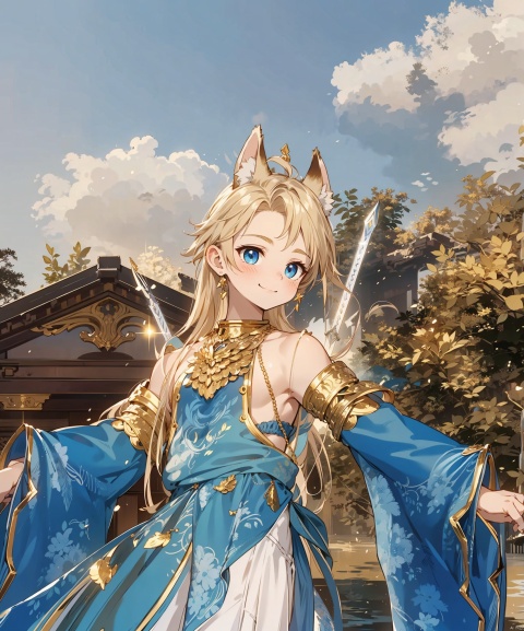  (little boy:1.3),8k,(golden long hair:1.2),blue eyes,((poakl)),Happy expression,blue clothes,White pants,Standing in the water, exposing shoulders,Wolf ears, ponytail,Holding ice swords,pink flowers,Only one character