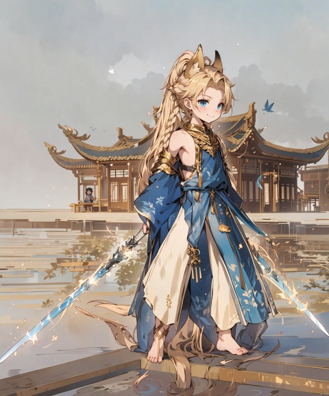  (little boy:1.3),8k,(golden long hair:1.2),blue eyes,((poakl)),Happy expression,blue clothes,bare foot,Standing in the water, exposing shoulders,Wolf ears, ponytail,Holding ice swords