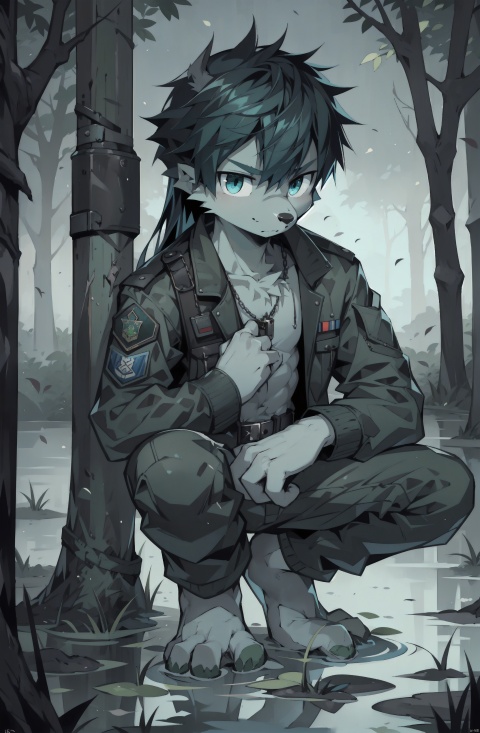  only one little boy，frogman，from head to foot，Shirtless，Bare foot，Bare arms，slender figure，Full body dark green fur，blue hair，Long hair and waist length，only two frog hand，The lower limbs are frog legs，The upper limbs are frog legs，Squatting in the damp swamp, spreading legs apart，Wearing German military uniform black pants，Holding a small knife in hand，Carrying a gun behind body，Shoulders carrying ammunition chains，Wearing a military jacket