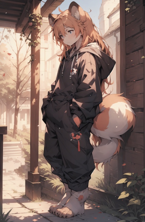  only one boy，from head to foot，orange hair，Long hair and waist length，rein，The lower limbs are lesser panda feet，There is a lesser panda tail behind body，wearing Hoodies，