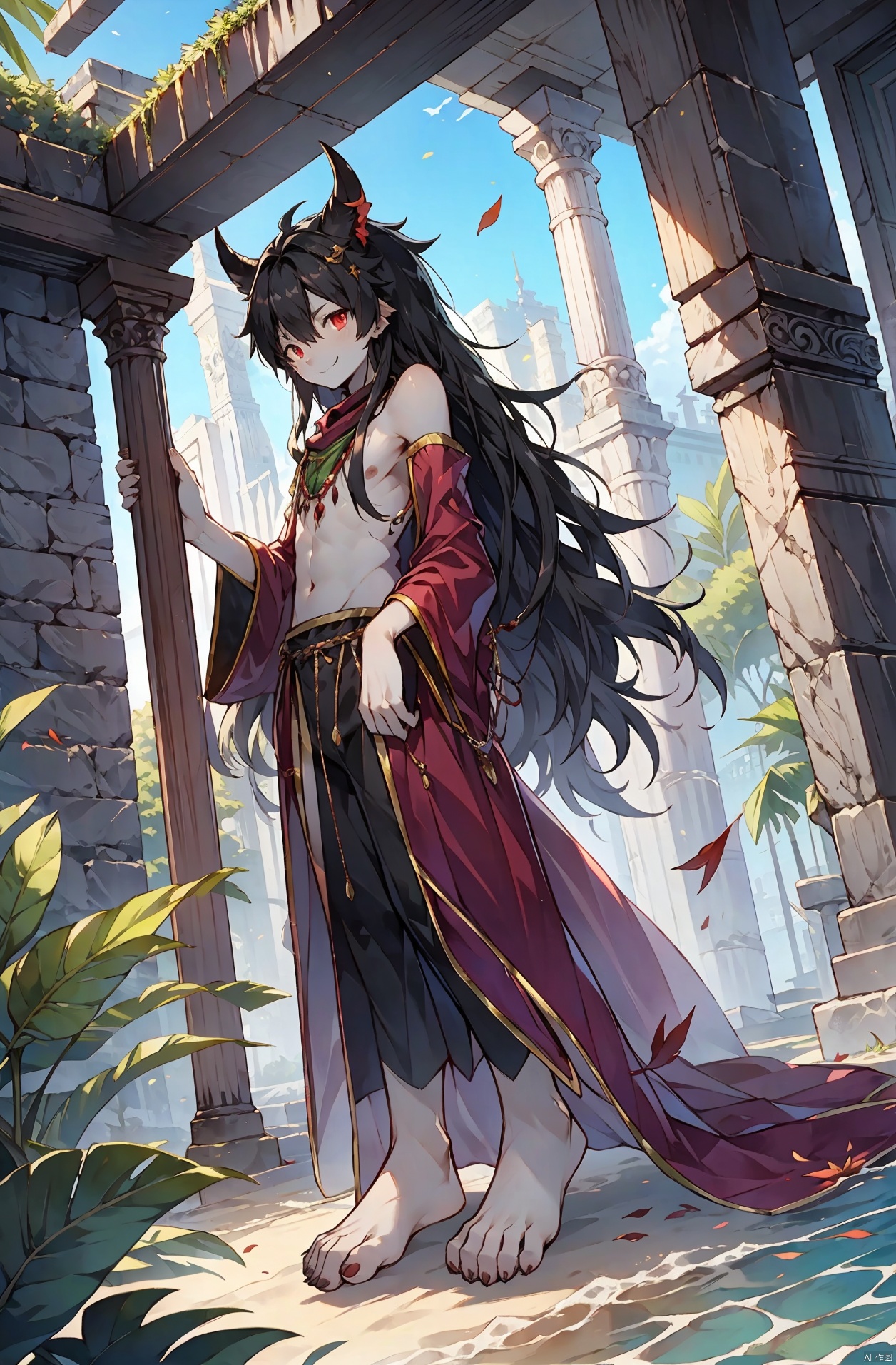  anime,8K,boy,juvenile,Seventeen,black hair,red eye,green Modern robe,shirt,In the green city,Front hair shawl,(long hair), subtle smile,Leaf hair clip,long hair on both temples，Identity is a sage,red leaf cape,Wave arm forward with palm,((poakl)),bare feet,Bare shoulders,(The lower limbs are black devil feet 1.5)