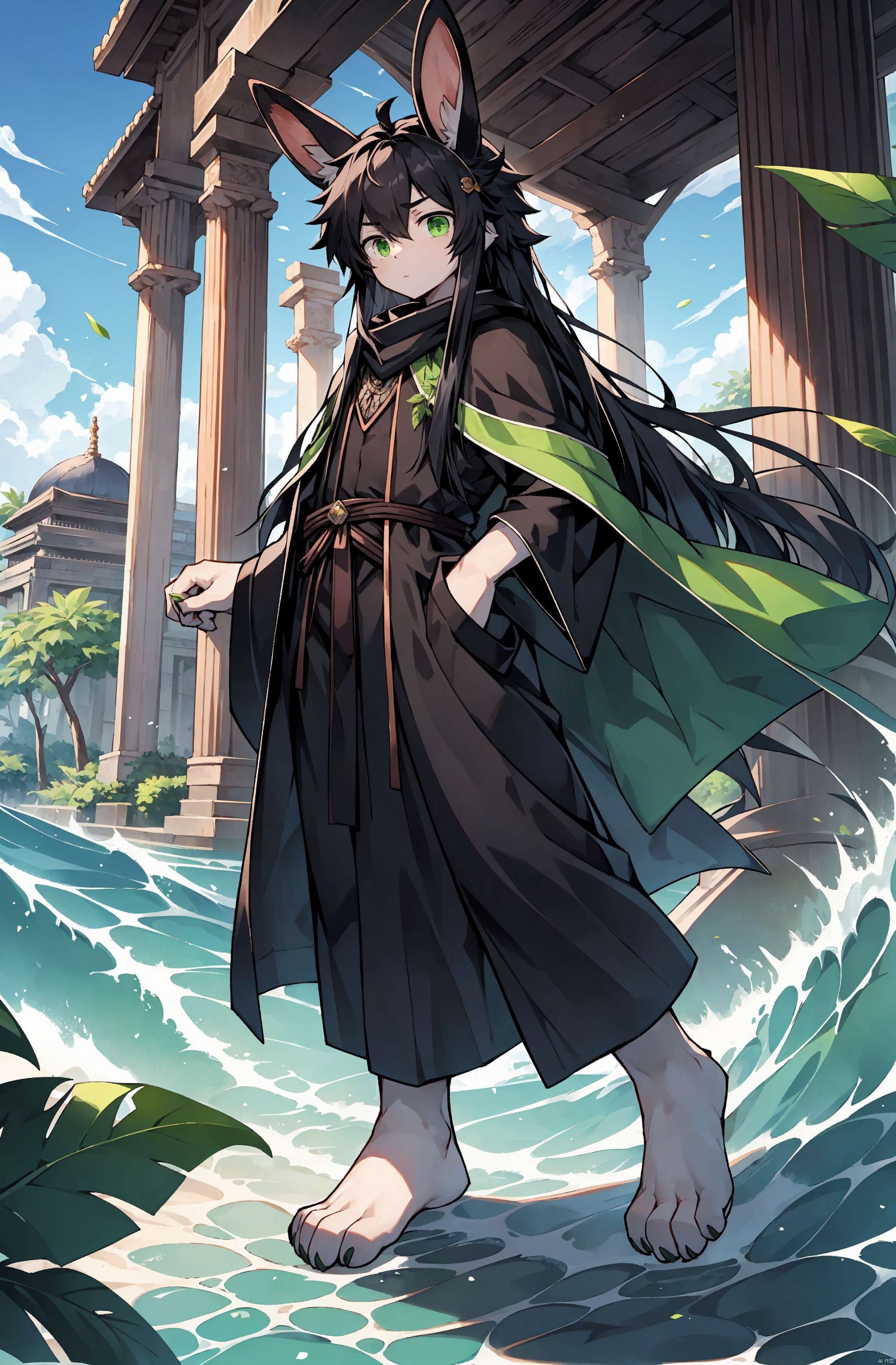  anime,8K,boy,juvenile,Seventeen,black hair,green eye,black Modern robe,shirt,In the green city,Front hair shawl,(long hair), serious expression and a frown,Leaf hair clip,long hair on both temples，Sheriff,green leaf cape,Wave arm forward with palm,Having black rabbit ears on his head,((poakl)),bare feet，The lower limbs are rabbit feet