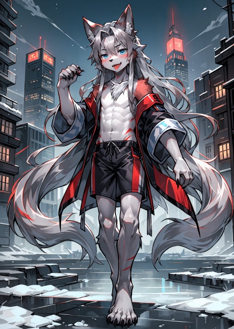  anime,8K,(one very little boy:1.3),Pointed nails,juvenile,(ten years old:1.2)(silver long hair:1.4),bare foot,blue ice eyes,((poakl)),Wolf ears on the head,Black nails,(The lower limbs are red wolf legs:1.2),hands are wolf claws,background is a dark city in the distance,([red fur:all silver fur skin stripe: 1:0.9]:1.3),character's lower abdomen is wrapped the clothes,Open mouth,blush, spit out tongue