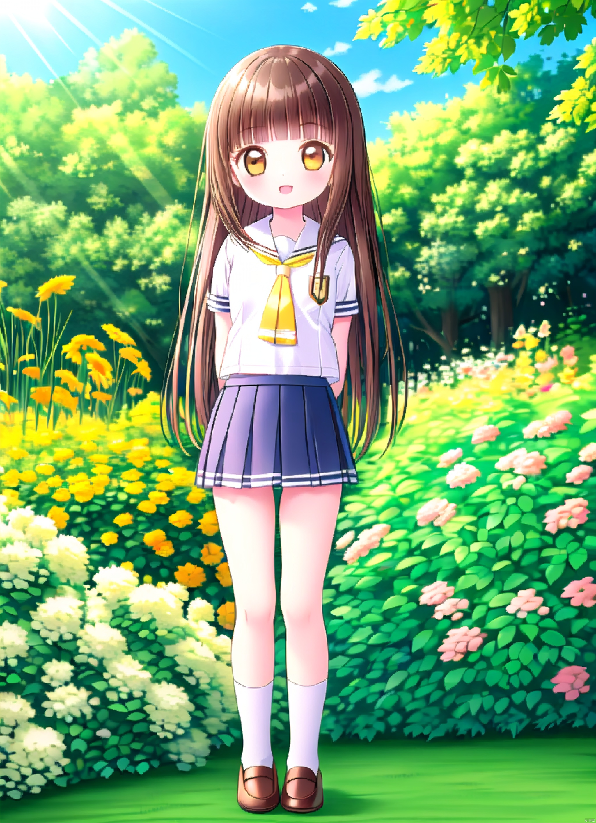  naoko,1girl, solo, brown hair, brown eyes, orange shoes,very long hair, yellow underpants，smile, front viewer, open mouth, blunt bangs,outdoors,arms behind back,garden, sunlight,full body,standing,school uniforms