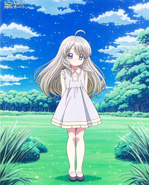  masterpiece, best quality, 1girl, solo, looking at viewer, smile, blue eyes, grey hair, ahoge,very very long hair,sky blue shoes,outdoors, full body, grass, 1990s \(style\)anime coloring, view，arms behind back，standing，sky blue dress
