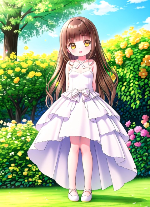  naoko,1girl, solo, brown hair, brown eyes, orange shoes,very long hair, yellow underpants，smile, front viewer, open mouth, blunt bangs,outdoors,arms behind back,garden, sunlight,full body,gigantic breasts,standing,wedding dress
