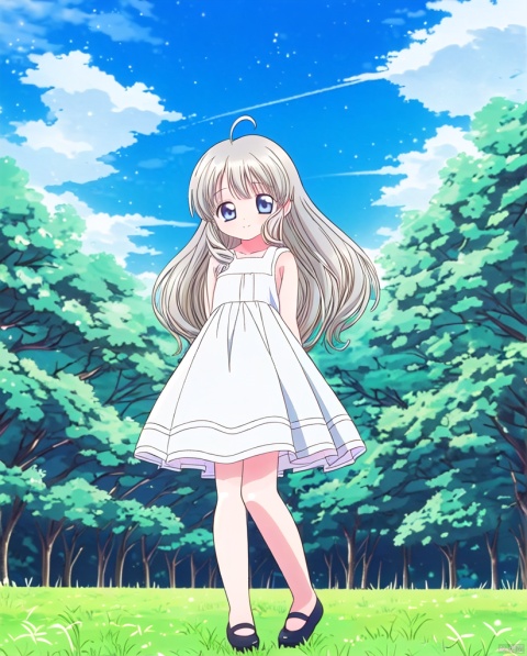  masterpiece, best quality, 1girl, solo, looking at viewer, smile, blue eyes, grey hair, ahoge, very long hair,sky blue shoes,outdoors, full body, grass, 1990s \(style\)anime coloring, view，arms behind back，standing，sky blue dress

