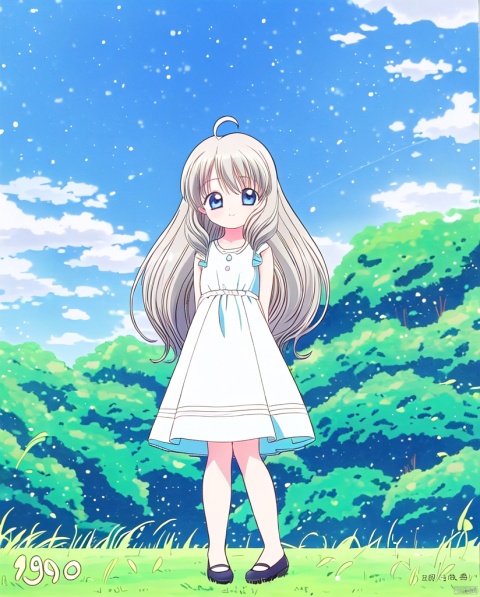  masterpiece, best quality, 1girl, solo, looking at viewer, smile, blue eyes, grey hair, ahoge,very very long hair,sky blue shoes,outdoors, full body, grass, 1990s \(style\)anime coloring, view，arms behind back，standing，sky blue dress
