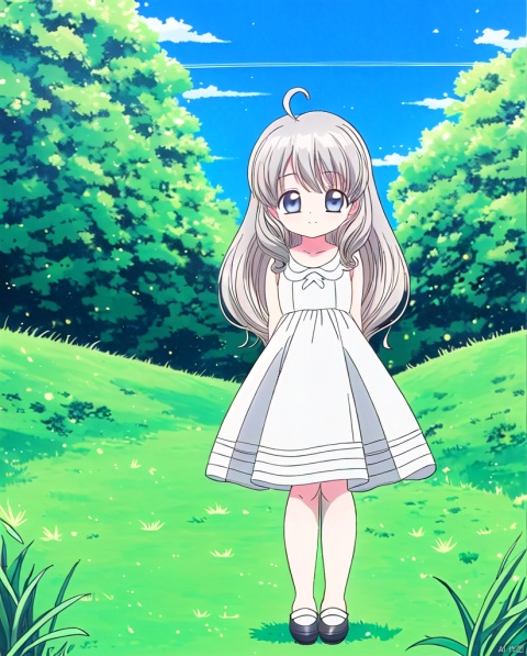  masterpiece, best quality, 1girl, solo, looking at viewer, smile, blue eyes, grey hair, ahoge,very very long hair,sky blue shoes,outdoors, full body, grass, 1990s \(style\)anime coloring, view，arms behind back，standing，sky blue dress
