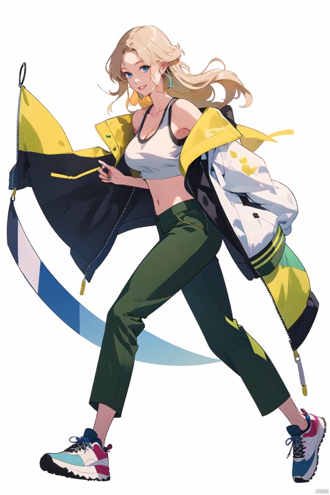  (best quality), ((masterpiece)), (highres), illustration, original, extremely detailed, 1girl, solo, long hair, breasts, white background, full body, yellow background, blonde hair, sneakers, pants, shoes, blue eyes, looking at viewer, navel, white footwear, jewelry, earrings, crop top, off shoulder, midriff, jacket, hands in pockets, bare shoulders, green pants, smile, standing, cleavage, parted lips, open clothes, tank top, medium breasts, collarbone, open jacket, floating hair,white jacket,nai3 style, nai3style