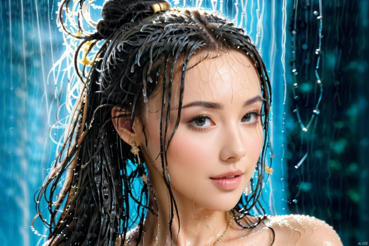 masterpiece, best quality, 8K, official art, ultra high res, 1girl, black eyes,jewelry, portrait, solo, big earrings, blue background , black hair, ((hair down)), embroidery, exquisite hair, hair meticulous, soaked through, ((((wet hair:2.4)))), portrait, (((showering:1.2))), ((focus hair:2.2)), the light fell on her hair, all hair wet through, ((((straight hair:2.5)))), ((very long hair:2.0)), (((big hair:2.0))), (((lots of hair:2.0))), open eyes, smile, High nose bridge, large eyes, oval face, delicate skin, (((washing hair:2.3))), The picture focuses on the hair, viewed_from_behind, hanfu, ((ring bun))