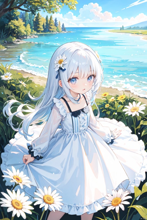 best quality,riverbank,loli,long hair,white dress,daisy chain,butterfly