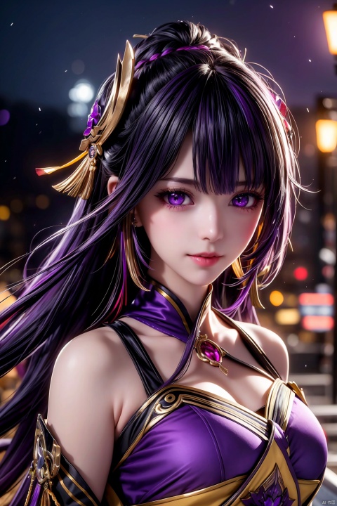 vibrant colors, female, masterpiece, sharp focus, best quality, depth of field, cinematic lighting, black hair, yellow eyes, long hair, heterochromia, multicolored hair, torn clothes, sparkle background, nervous smile, night, purple hair, purple eyes, miko, outdoors