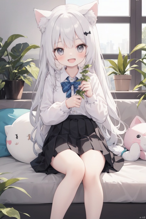  1girl, solo, long hair, looking at viewer, blush, smile, open mouth, bangs, skirt, shirt, long sleeves, holding, animal ears, sitting, very long hair, tail, white shirt, white hair, :d, pleated skirt, open clothes, fang, puffy sleeves, collared shirt, indoors, cat ears, black skirt, animal ear fluff, grey eyes, window, dress shirt, feet out of frame, stuffed toy, stuffed animal, plant, cat girl, puffy long sleeves, potted plant