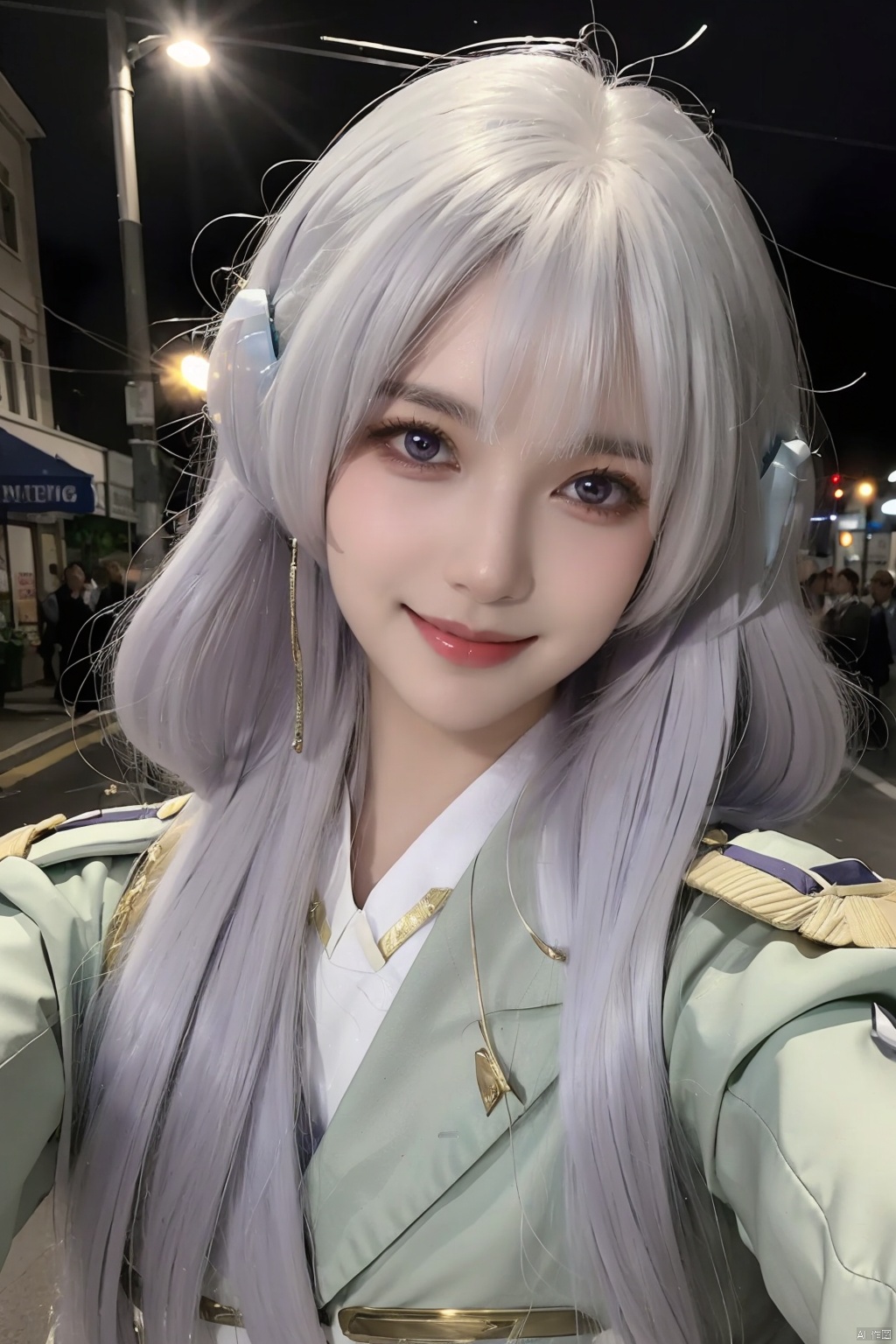 girl, long hair, white hair, purple eyes, military uniform, smile, street