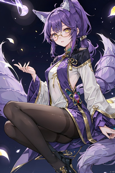 1girl,short_ponytail,purple_hair,glasses,yellow_eyes,magician:1.3,Fox Girl, young girl,purple-Fox ears,purple fox tail,impossible_clothes, black pantyhose, , houtufeng
