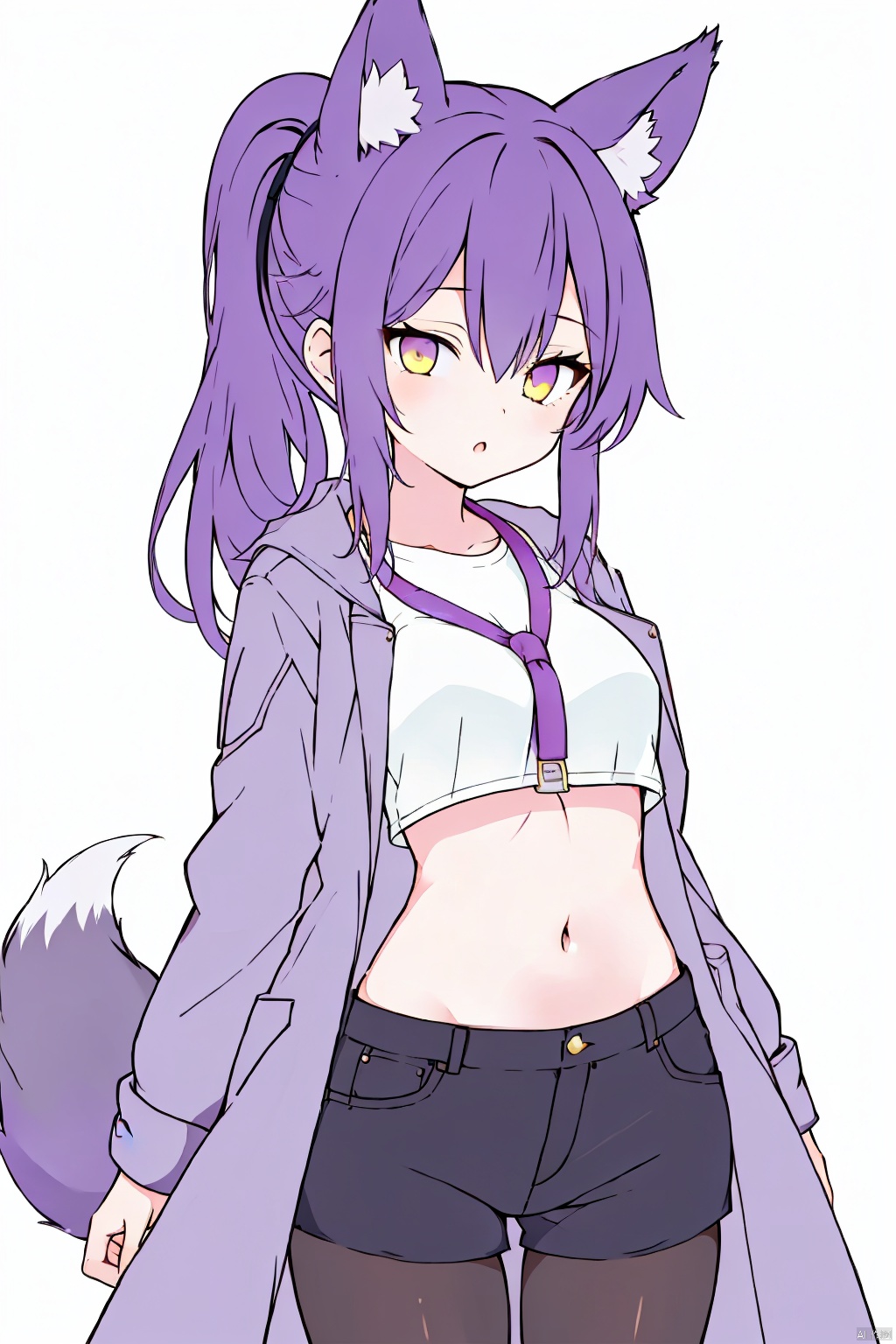 1girl,short_ponytail,purple_hair,yellow_eyes,,Fox Girl, young girl,purple-Fox ears,purple fox tail, black pantyhose, Sexy hot pants,crop top,An open coat:0.8, soft,mowasece:1.1