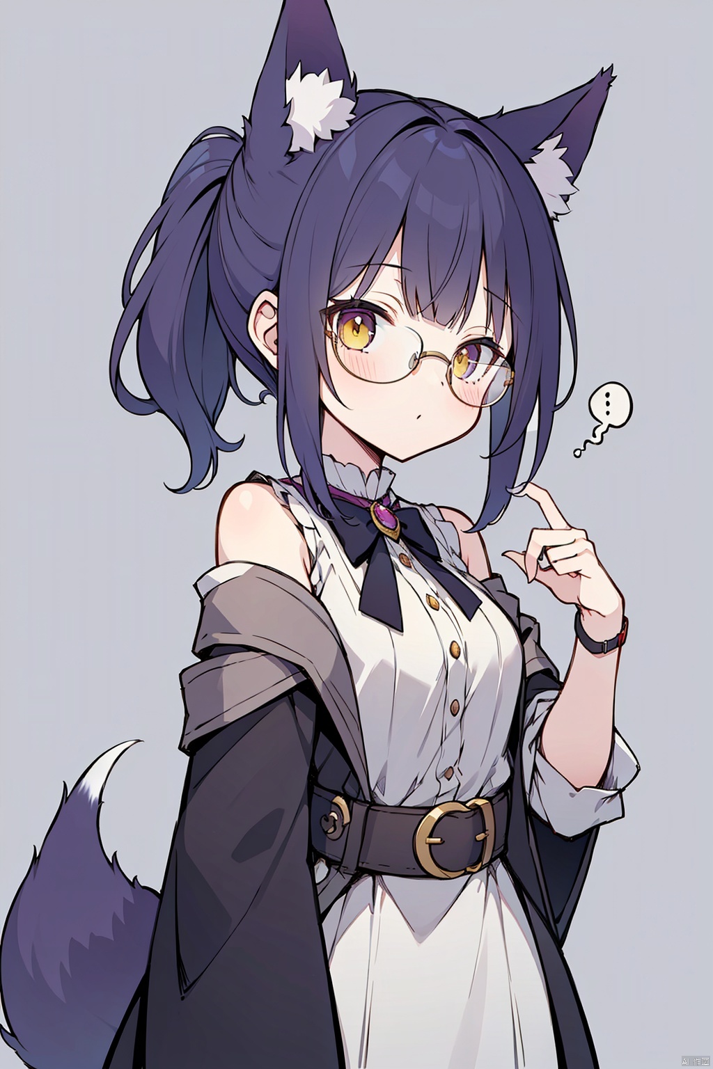  1girl,short_ponytail,purple_hair,glasses,yellow_eyes,magician,Fox Girl, young girl,purple-Fox ears,purple foxtail,Pharmacists_Alchemists,