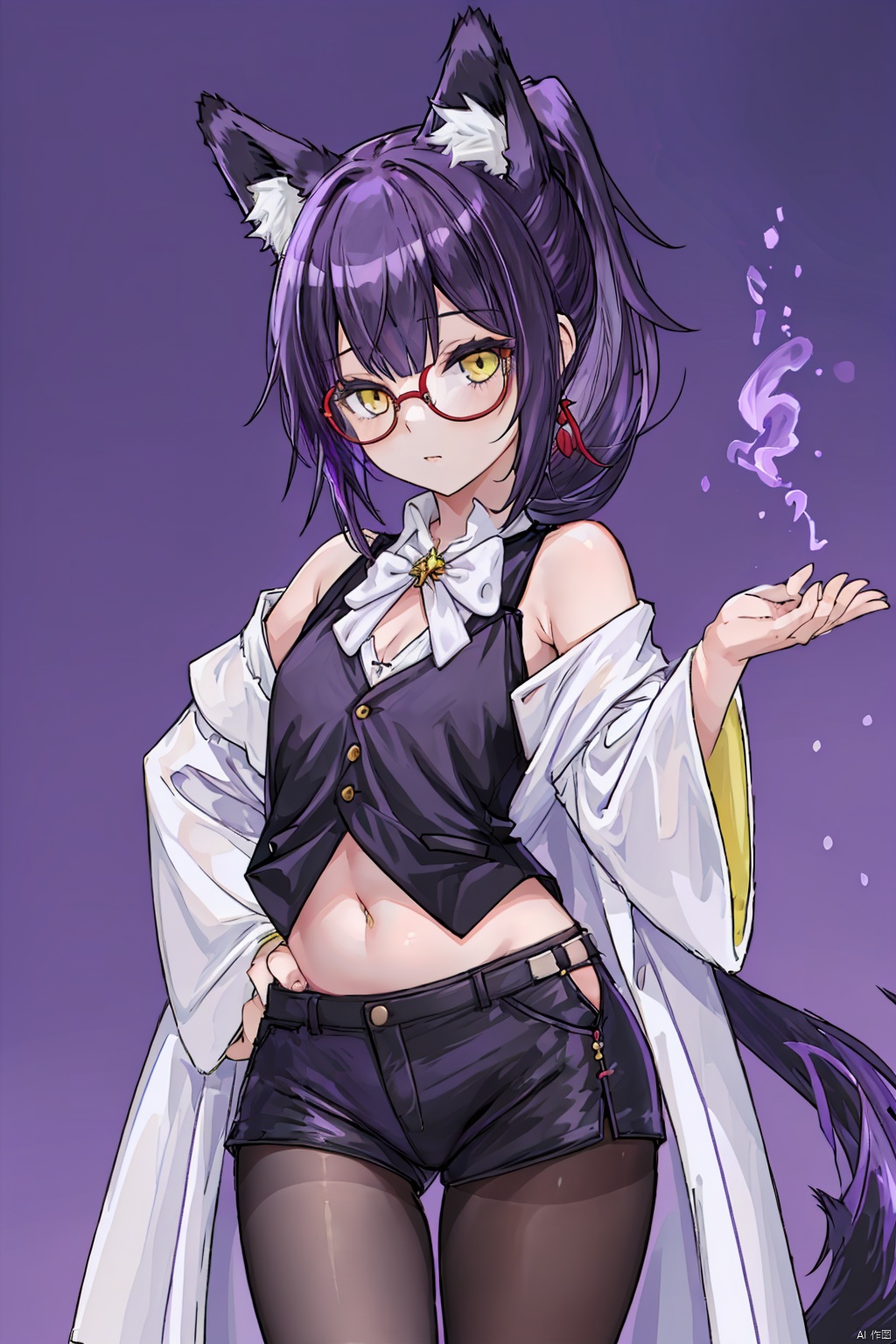  1girl,short_ponytail,(purple_hair:1.1),yellow_eyes,,Fox Girl, red_glasses, little girl,purple-Fox ears,purple fox tail, black pantyhose,The Magical Alchemist, Western Fantasy,Pale hot pants,(Black vest:1.1),(White-off-the-shoulder robe:1.1),Bare one's belly button, 