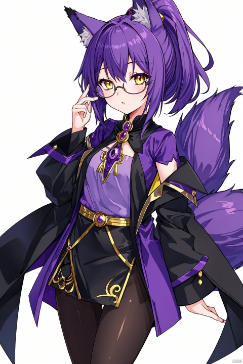 1girl,short_ponytail,purple_hair,glasses,yellow_eyes,magician:1.3,Fox Girl, young girl,purple-Fox ears,purple fox tail,impossible_clothes, black pantyhose