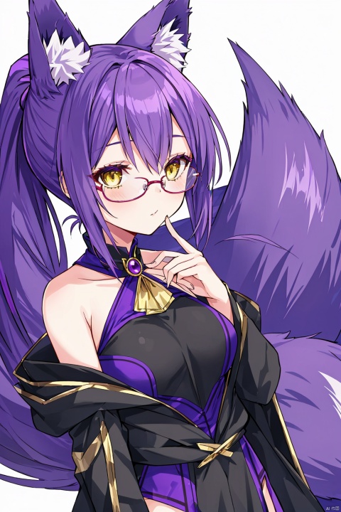 1girl,short_ponytail,purple_hair,glasses,yellow_eyes,magician:1.3,Fox Girl, young girl,purple-Fox ears,purple fox tail,impossible_clothes, 