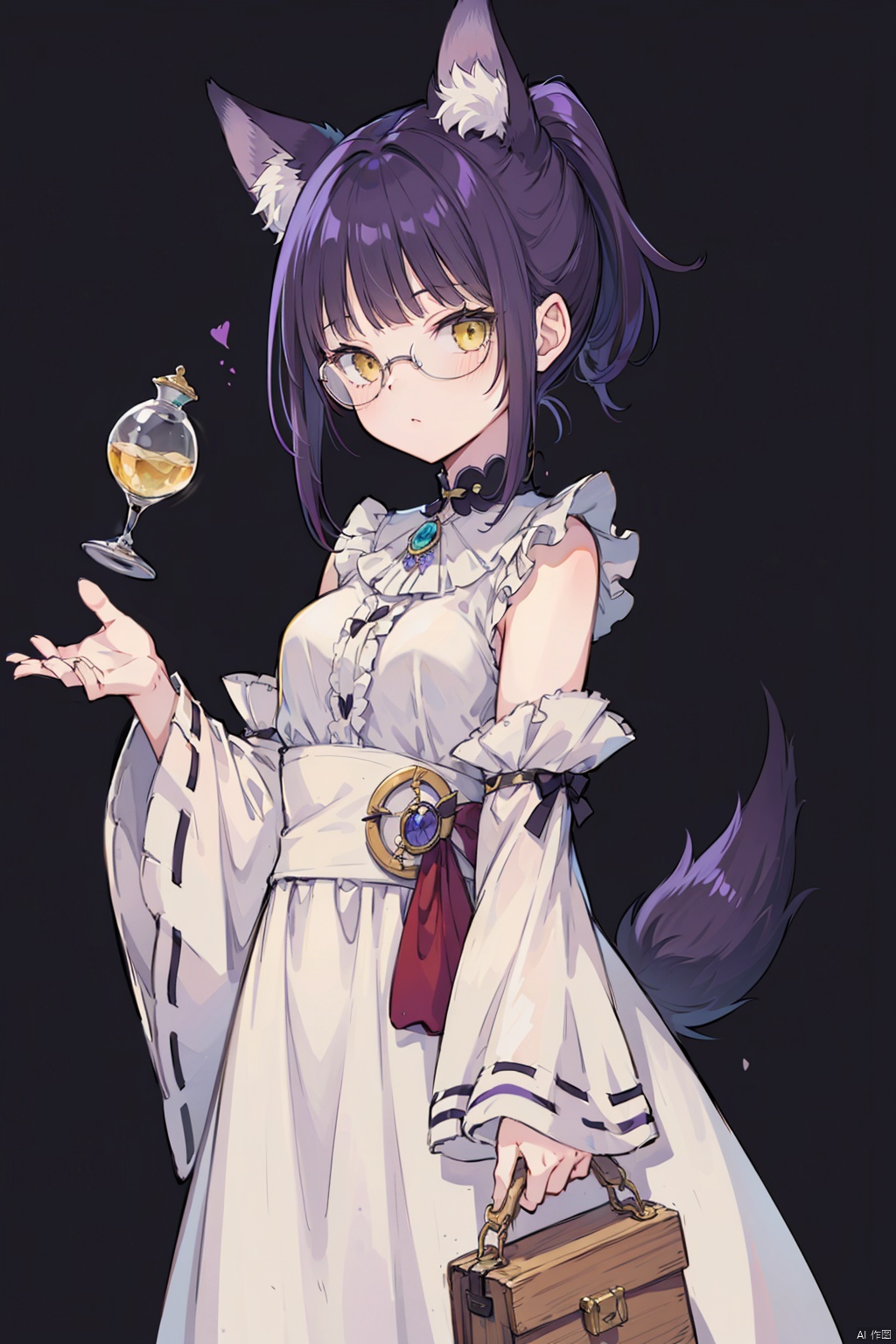  1girl,short_ponytail,purple_hair,glasses,yellow_eyes,magician,Fox Girl, young girl,purple-Fox ears,purple fox tail,Pharmacists_Alchemists,黑白画