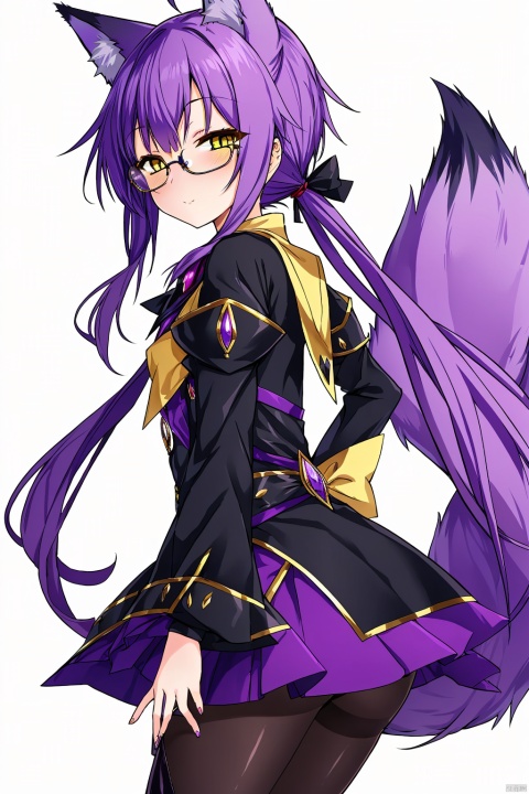1girl,short_ponytail,purple_hair,glasses,yellow_eyes,magician:1.3,Fox Girl, young girl,purple-Fox ears,purple fox tail,impossible_clothes, black pantyhose
