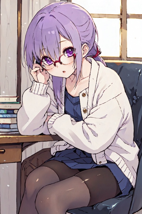  1girl,short_ponytail,purple_hair, young girl, Anime,,glasses, black pantyhose,