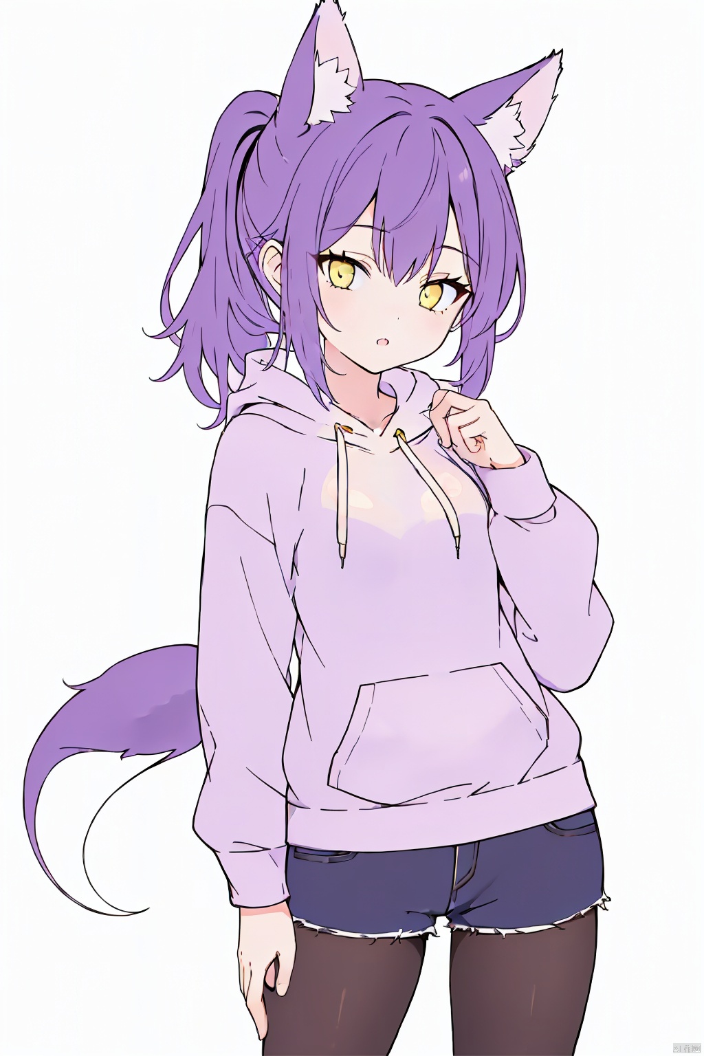 1girl,short_ponytail,purple_hair,yellow_eyes,magician:1.3,Fox Girl, young girl,purple-Fox ears,purple fox tail,impossible_clothes, black pantyhose, Hot pants,hoodie