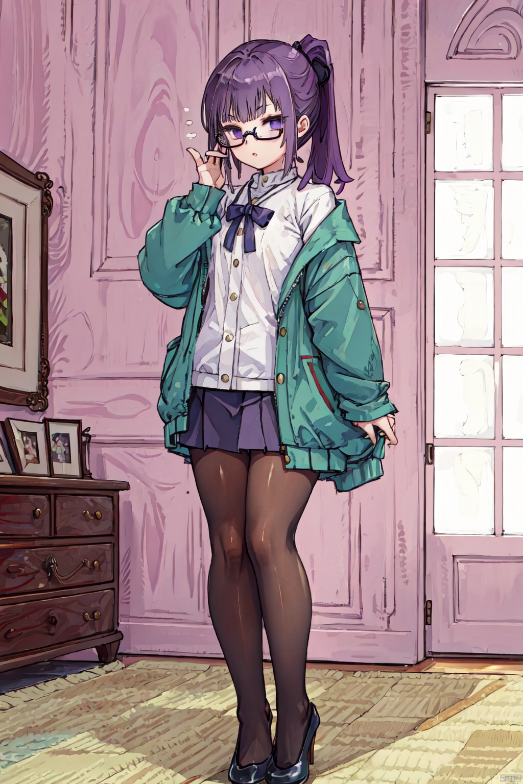  1girl,short_ponytail,purple_hair, young girl, Anime,,glasses, black pantyhose,
