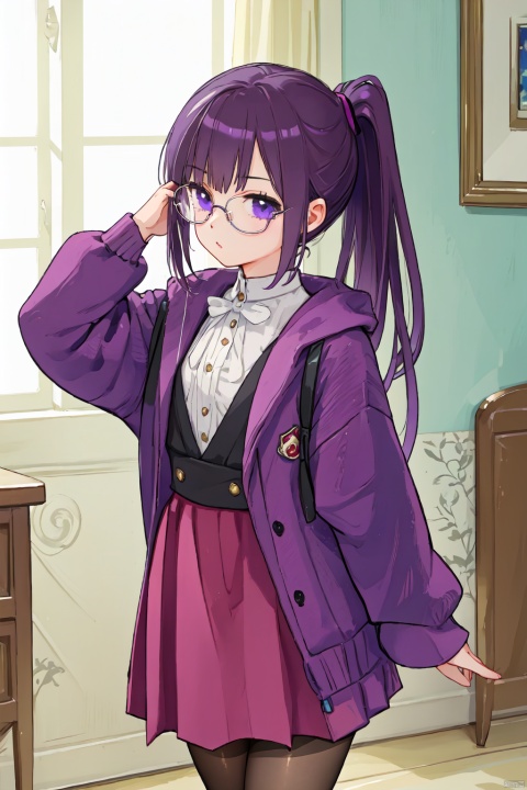  1girl,short_ponytail,purple_hair, young girl, Anime,,glasses, black pantyhose,