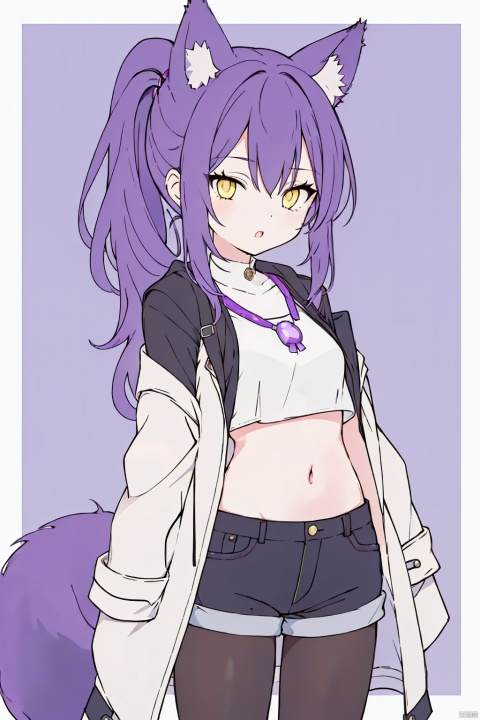 1girl,short_ponytail,purple_hair,yellow_eyes,magician:1.3,Fox Girl, young girl,purple-Fox ears,purple fox tail, black pantyhose, Hot pants,crop top,An open coat