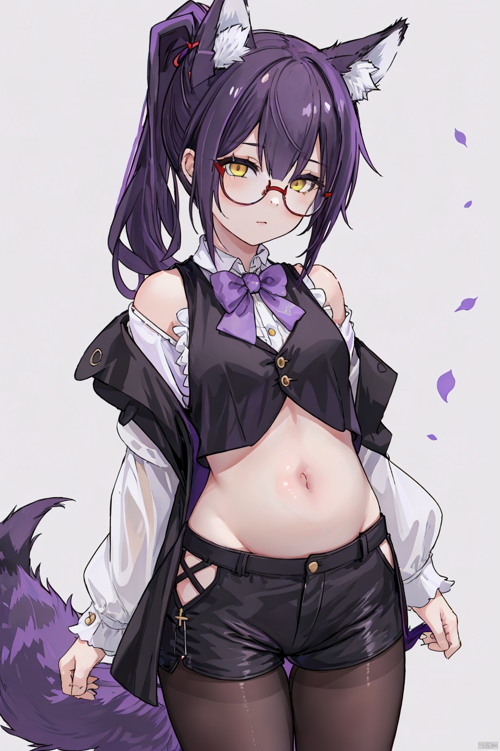  1girl,short_ponytail,(purple_hair:1.1),yellow_eyes,,Fox Girl, red_glasses, little girl,purple-Fox ears,purple fox tail, black pantyhose,The Magical Alchemist, Western Fantasy,Pale hot pants,(Black vest:1.1),(White-off-the-shoulder robe:1.1),Bare one's belly button, 