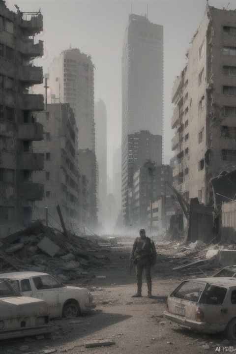  Demolished aesthetics, apocalyptic wasteland style, subway 2033 style, viruses, natural disasters, biochemistry, radiation mutations, civilization collapse, nuclear war, apocalyptic patriots,1woman,Chinese youngman, Postwar ruins