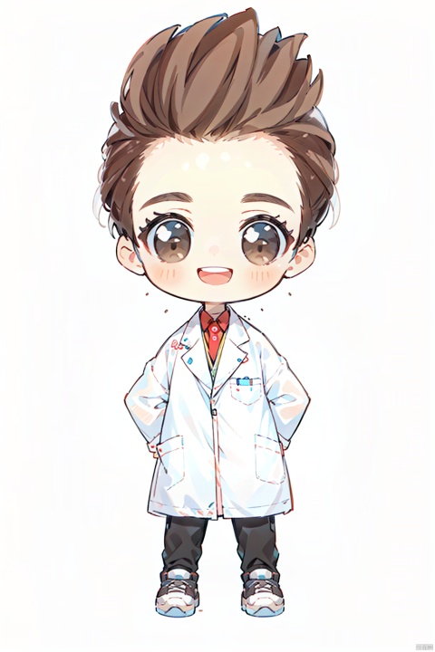  solo, smile, open mouth, simple background, brown hair, 1boy, brown eyes, male focus, chibi, black background, labcoat,