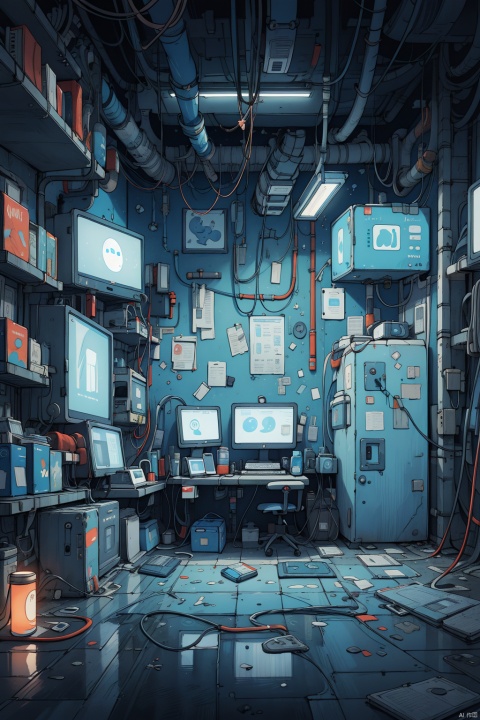  indoors, no humans, night, scenery, reflection, blue theme,cable, reflective floor,science,technology,cyberpunk edgerunners,scene