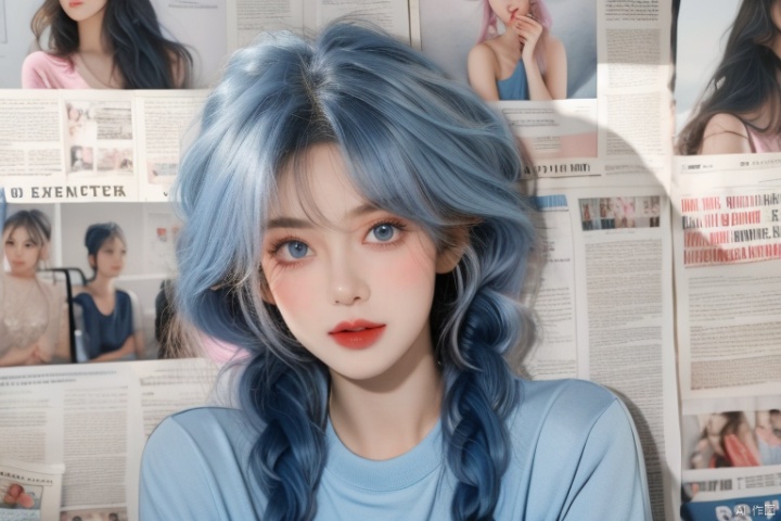  High quality, multi detail, 1 girl, all blue hair, blue hair, pink hair, braids, double braids, blue braids, blue braids, long hair, pompadu hair, bangs, big bangs, silly hair, big silly hair, fluffy hair, T-shirt, upper body, exquisite face, clear eyes, sapphire eyes, newspaper wall, clear newspaper content, 8k, HD