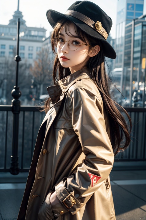  art style,1girl, detective hat, round eyewear, {{adjusting hat,one hand in pocket,}}, trench coat, brown coat, long hair,black hair,brown eyes, expressionless, half closed mouth, from behind, from above, looking at viewer, simple background, best quality, amazing quality, very aesthetic, absurdres, backlight