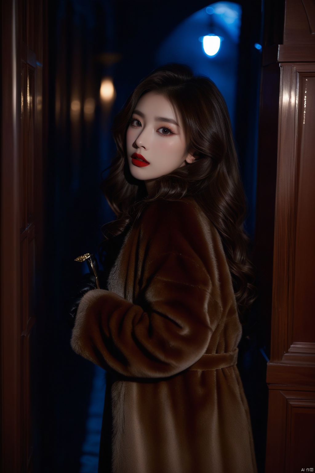  The dark ages,ancient times,low key,1girl,long hair,in the dark,face in the dark,huge breasts,(parted lips:0.0),(solo focus:1.0),brown mink coat,lips,black gloves,gloves,(makeup:1.0),wavy hair,lipstick,curly hair,realistic,redlips,night,nighttime,late at night,deep in the night,indoors,in the castle corridor,(nsfw:0.0),chinese,dimly,(seductive:0.0),looking at viewer