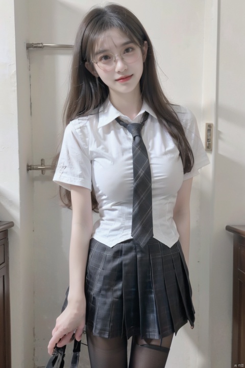  ((poakl)),pantyhose,solo,1girl,giant_breasts,huge breasts,wangyushan,(garter),looking at the viewer,(smiling:1.0),eye_glasses:1.2),(wearing glasses:1.2),necktie,schooluniform,whiteshirt,see_through,plaid skirt