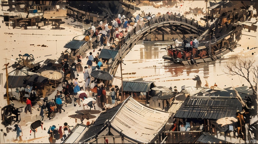  ( Rain :0.3), chinese ancient street from left to right, hustle, many people, carriage on road, masterpiece , very fine , detailed wallpaper , perfect lighting , painting , super fine , high quality , high detail , stereoscopic , super rich ,32k, quohuashanshui, gfmm007