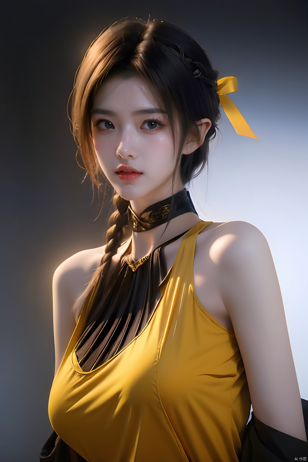  masterpiece,1girl,solo,looking at viewer,bangs,blonde hair,simple background,dress,ribbon,bare shoulders,hair ribbon,yellow eyes,braid,sidelocks,small breasts,black gloves,elbow gloves,hair bun,black ribbon,sleeveless dress,single hair bun,yellow background,french braid,lolita fashion,black border,artoria pendragon \(fate\),saber,, artoria pendragon \(fate\), (\meng ze\), (\ji jian\), jiqing, mjuanlian,bubble, pld, Trainee Nurse,(large breasts:1.5)