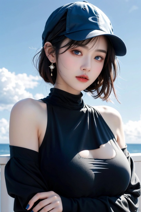 jijianchahua, 1girl, solo, blue eyes, hat, black hair, simple background, Blue sky and cloud background, long sleeves, baseball cap, earrings, looking at viewer, upper body, jewelry, black headwear, hand on headwear, closed mouth, bangs, short hair, nail polish, blue nails, arm up, hair between eyes, black sweater, sleeves past wrists, sweater,(large breasts:1.5)