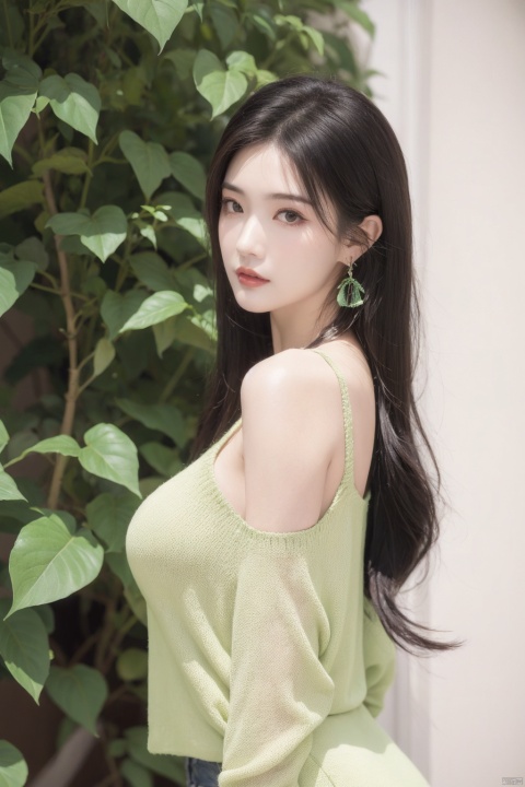  1girl, solo, looking at viewer, bangs, black hair, brown eyes, jewelry, closed mouth, upper body, earrings, medium hair, from side, sweater, lips, makeup, leaf, plant, green background, green theme, green sweater, realistic, Chinese style, 30710, white pantyhose, guofeng,large breasts