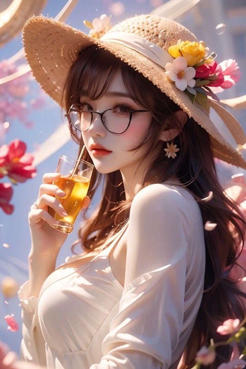  （absurdres, highres, ultra detailed, 1girl, solo, extremely detailed eyes, starfish, seashell, shell, flower, hat, hair ornament, jewelry, straw hat, looking at viewer, sunglasses, hat flower, drinking straw, hairclip, earrings, red flower, tinted eyewear, yellow flower, bangs, english text, multicolored hair, orange flower, black hair, ring, cup, long hair, orange-tinted eyewear, food, brown hair, portrait, shell hair ornament）,full body., ((poakl)), poakl ggll girl, Light master, Wuqiii,(large breasts:1.2), Anime